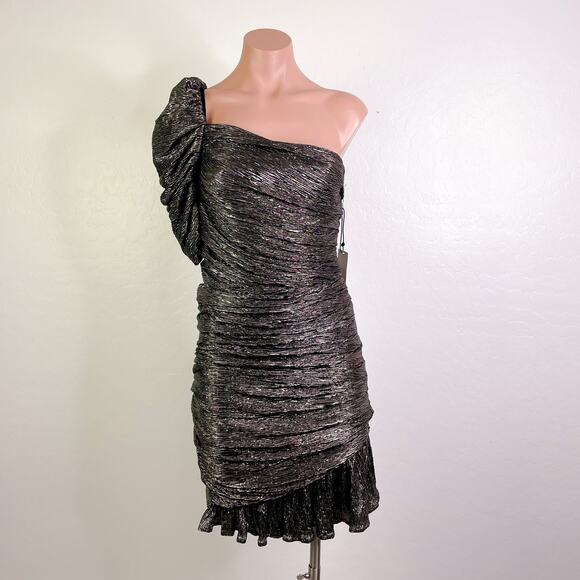 Floret Studios Gathered Ruffle One Shoulder Dress Metallic Silver Life Showgirl - Picture 1 of 12
